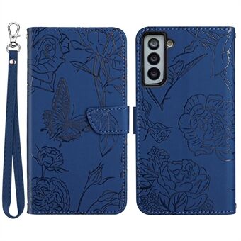 For Samsung Galaxy S21 4G/5G PU Leather Book Wallet Case Full Body Butterfly Flower Pattern Imprinted Skin-touch Feeling Stand Function Cover with Strap