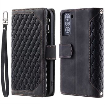 005 Stijl voor Samsung Galaxy S21 4G/5G Rhombus Ruit Textuur Wallet Case PU Lederen Stand Telefoon Cover met Polsband