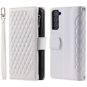 005 Stijl voor Samsung Galaxy S21 4G/5G Rhombus Ruit Textuur Wallet Case PU Lederen Stand Telefoon Cover met Polsband