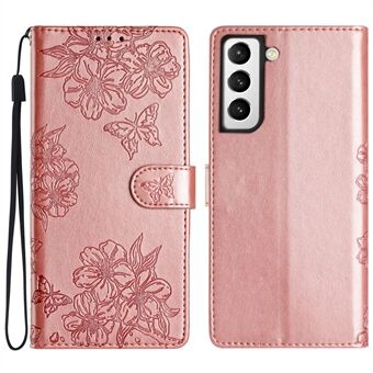 Voor Samsung Galaxy S21 5G / 4G Groothandel Telefoon Standhoesje Sakura Vlinder Gedrukt PU Leren Telefoonhoesje