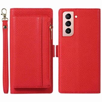 Voor Samsung Galaxy S21 5G/4G 2 in 1 Magnetische PU Lederen Telefoon Case Afneembare Rits Pocket Portemonnee Litchi Textuur Beschermende Stand Cover met Riem