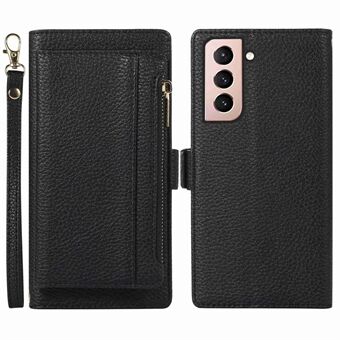 Voor Samsung Galaxy S21 5G/4G 2 in 1 Magnetische PU Lederen Telefoon Case Afneembare Rits Pocket Portemonnee Litchi Textuur Beschermende Stand Cover met Riem