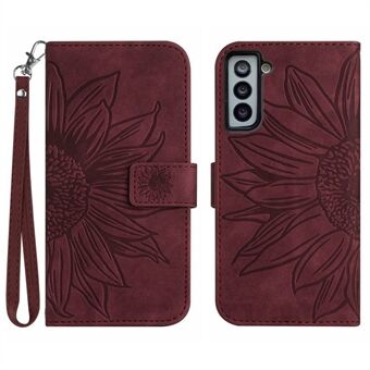 Flip lederen portemonnee hoesje voor Samsung Galaxy S21 4G / 5G, HT04 bedrukt zonnebloem skin-touch Stand magnetische sluiting beschermende telefoonhoes met riem