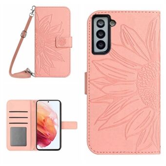 Voor Samsung Galaxy S21 5G/4G HT04 PU Leer Bedrukte Zonnebloem Case Stand Portemonnee Skin-touch Shockproof Telefoon Cover met Schouderriem