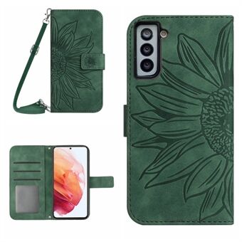 Voor Samsung Galaxy S21 5G/4G HT04 PU Leer Bedrukte Zonnebloem Case Stand Portemonnee Skin-touch Shockproof Telefoon Cover met Schouderriem