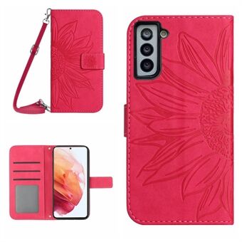 Voor Samsung Galaxy S21 5G/4G HT04 PU Leer Bedrukte Zonnebloem Case Stand Portemonnee Skin-touch Shockproof Telefoon Cover met Schouderriem