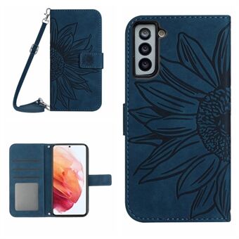 Voor Samsung Galaxy S21 5G/4G HT04 PU Leer Bedrukte Zonnebloem Case Stand Portemonnee Skin-touch Shockproof Telefoon Cover met Schouderriem