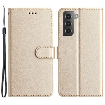 Voor Samsung Galaxy S21 5G / 4G Slim-Fit PU Leather Stand Cover Handriem Zijden Textuur Flip Case Portemonnee
