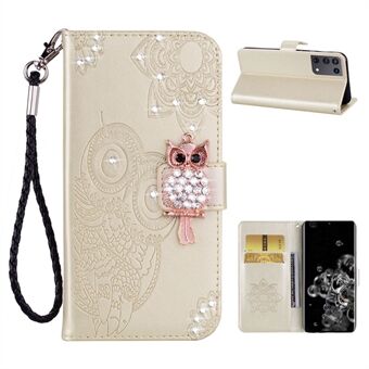 Uil Opdruk Strass Decor Leren Telefoonhoesje voor Samsung Galaxy S21 Ultra 5G