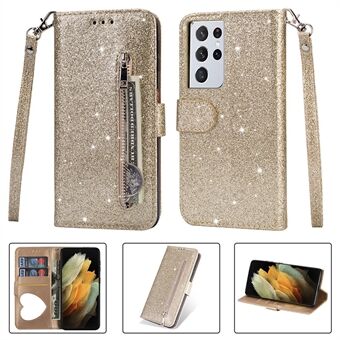 Flash Powder Zipper Pocket Purse Flip lederen telefoonhoes met riem voor Samsung Galaxy S21 Ultra 5G