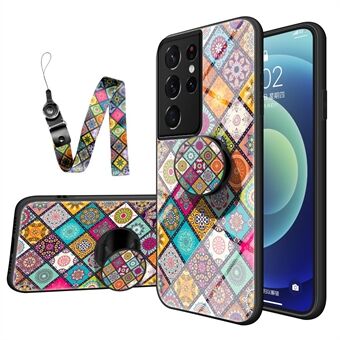 Kleurrijke Bloemenprint Glas Hybride Telefoon Case Protector met Stand Lanyard voor Samsung Galaxy S21 Ultra 5G