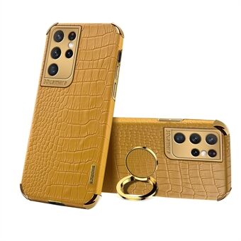 Krokodil Textuur PU Lederen Ontwerp + TPU Galvaniseren Precieze Uitsparing Telefoon Cover met Ring Houder voor Samsung Galaxy S21 Ultra 5G