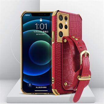 Kickstand-ontwerp 6D gegalvaniseerde krokodiltextuur PU-leer gecoate TPU-telefoonhoes met polsband voor Samsung Galaxy S21 Ultra 5G