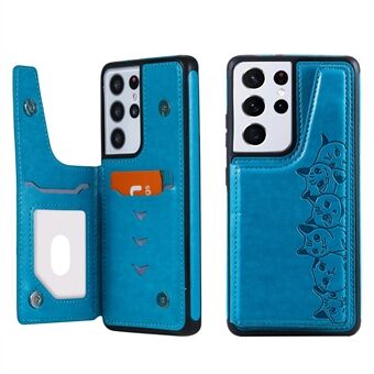 Anti Fall Kickstand Card Slot Ontwerp PU Head TPU Hybride Telefoon Case Shell met Gedrukte Kattenkop voor Samsung Galaxy S21 Ultra 5G