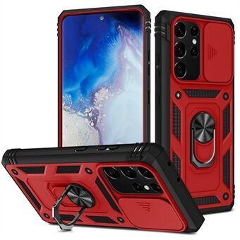 Camera Slider Design Anti-val Schokbestendig Hard PC Shield Soft TPU Phone Cover met metalen ondersteuning voor Samsung Galaxy S21 Ultra 5G