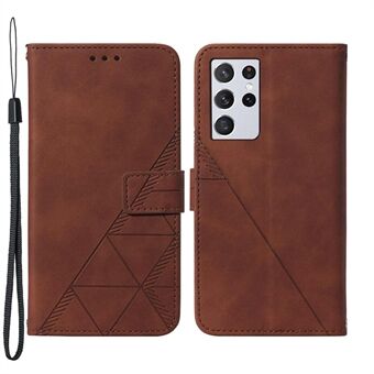 PB2 Serie PU Lederen Cover Interieur TPU Telefoon Cover Opdruk Lijnen Stand Wallet Protector Shell voor Samsung Galaxy S21 Ultra 5G