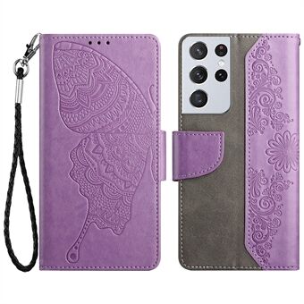 For Samsung Galaxy S21 Ultra 5G Wallet Stand Phone Case Scratch Resistant PU Leather Cover Phone Protector with Butterfly Flower Imprinted
