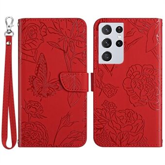 For Samsung Galaxy S21 Ultra 5G Skin-touch Feeling Butterfly Flower Pattern Imprinted Wallet Flip Case PU Leather Stand Magnetic Folio Protective Phone Cover with Strap