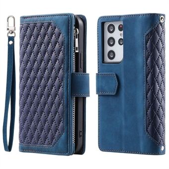 005 Stijl voor Samsung Galaxy S21 Ultra 5G Ruit Textuur Lederen Stand Case Rhombus Portemonnee Telefoon Cover met Polsband: