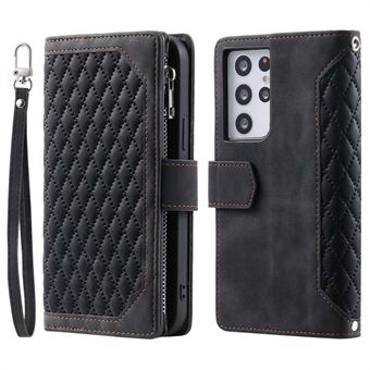 005 Stijl voor Samsung Galaxy S21 Ultra 5G Ruit Textuur Lederen Stand Case Rhombus Portemonnee Telefoon Cover met Polsband: