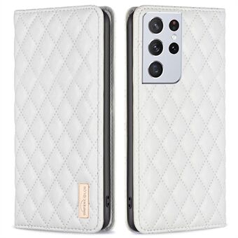 BINFEN KLEUR BF Stijl-16 Voor Samsung Galaxy S21 Ultra 5G Magnetische Auto-geabsorbeerde PU Lederen Kaarthouder Full Body Coverage Case Rhombus bedrukt Stand Cover