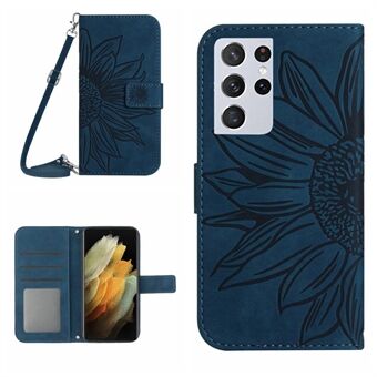 Huidvriendelijke Telefoon Case Voor Samsung Galaxy S21 Ultra 5G, HT04 Bedrukte Zonnebloem PU Lederen Flip Wallet Stand Cover met Schouderriem