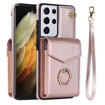 Voor Samsung Galaxy S21 Ultra 5G PU Leer + TPU Ring Kickstand Telefoon Case Accordeon Stijl Kaart Tas RFID blokkeren Beschermhoes met Riem