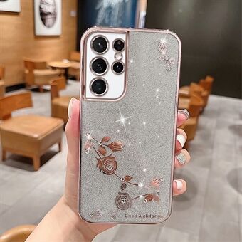 TPU-smartphonehoes voor Samsung Galaxy S21 Ultra 5G, galvaniseren strass ontwerp bloemenpatroon decor anti-val glitter telefoonhoes