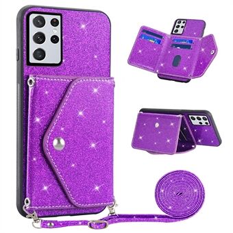 Voor de Samsung Galaxy S21 Ultra 5G met leer gecoate TPU-hoes, standaard kaarthouder glitter telefoonhoesje met schouderriem