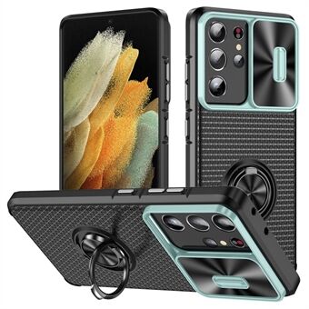 Voor Samsung Galaxy S21 Ultra 5G PC+TPU Telefoonhoesje Ring Kickstand Cover met Slide Camera Lens Protector