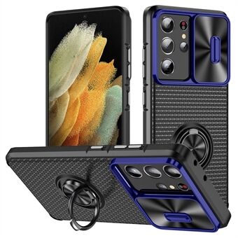 Voor Samsung Galaxy S21 Ultra 5G PC+TPU Telefoonhoesje Ring Kickstand Cover met Slide Camera Lens Protector