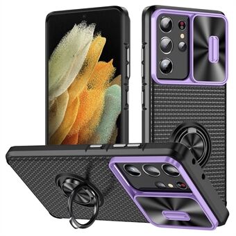 Voor Samsung Galaxy S21 Ultra 5G PC+TPU Telefoonhoesje Ring Kickstand Cover met Slide Camera Lens Protector