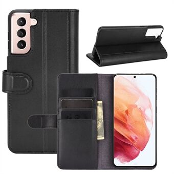 Voor Samsung Galaxy S21+ Echte Split Leather Wallet Stand Beschermende Shell - Zwart