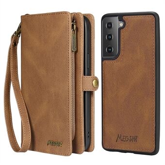 MEGSHI 017 Series Wallet Case voor Samsung Galaxy S21 + 5G, 2-in-1 Leren Rits Verwijderbare Magnetische Kaarthouders Flip Cover met Riem