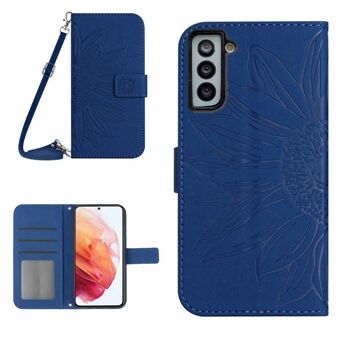 Voor Samsung Galaxy S21 + 5G HT04 Bedrukte Zonnebloem Telefoon Case met Schouderriem, PU Lederen Skin-touch Wallet Stand Cover