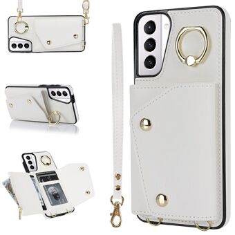 Voor Samsung Galaxy S21+ 5G Rits Portemonnee Ring Kickstand Case PU Leer Gecoate TPU Telefoon Cover