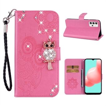 Uil Opdruk Strass Decor Wallet Leren Hoesje voor Samsung Galaxy A32 5G Stand Shell