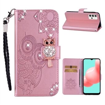 Uil Opdruk Strass Decor Wallet Leren Hoesje voor Samsung Galaxy A32 5G Stand Shell