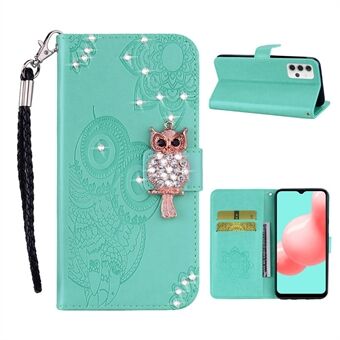 Uil Opdruk Strass Decor Wallet Leren Hoesje voor Samsung Galaxy A32 5G Stand Shell