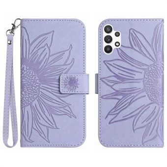 Voor Samsung Galaxy A32/M32 5G HT04 PU Lederen Schokbestendig Case Bedrukt Zonnebloem Skin-Touch Telefoon Stand Wallet Cover met Handriem