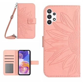 Voor Samsung Galaxy A32 5G/M32 5G HT04 Skin-touch Bedrukt Zonnebloem Telefoon Cover PU Leer Schokbestendig Stand Wallet Case met Schouderriem