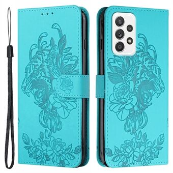 Opdruk Tiger Head Flower Shockproof Leather Stand Case Wallet Cover met riem voor Samsung Galaxy A52 4G/5G / A52s 5G