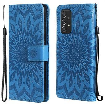 KT Imprinting Flower Series-1 Folio Flip Zonnebloem Gegraveerde Leren Beschermhoes met Band voor Samsung Galaxy A52 5G/A52 4G/A52s 5G - Blauw