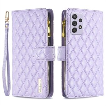 BINFEN COLOR voor Samsung Galaxy A52 4G / 5G / A52s 5G BF Style-15 bedrukt Rhombus beschermhoes met ritssluiting zak Stand mat PU lederen portemonnee hoes