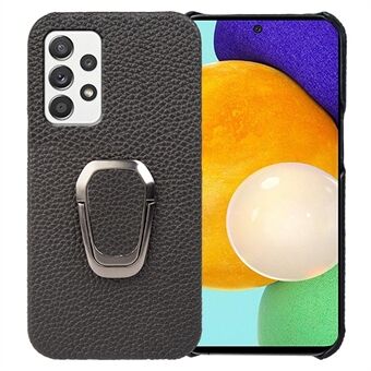 Voor Samsung Galaxy A52 4G / 5G / A52s 5G Echt leer Gecoat PC Case Scratch Litchi Textuur Ring Kickstand Telefoon Cover