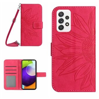 Anti-val telefoonhoes voor Samsung Galaxy A52 5G / A52 4G / A52s 5G HT04 Skin-touch PU-leer bedrukt Stand portemonnee-hoesje met schouderriem
