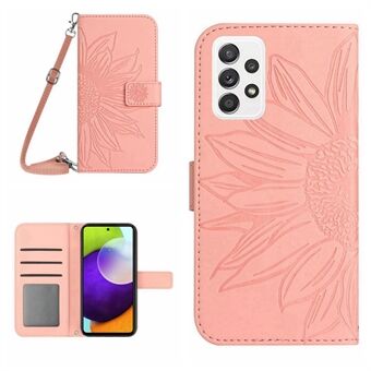 Anti-val telefoonhoes voor Samsung Galaxy A52 5G / A52 4G / A52s 5G HT04 Skin-touch PU-leer bedrukt Stand portemonnee-hoesje met schouderriem
