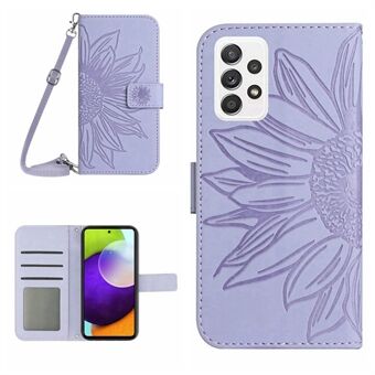 Anti-val telefoonhoes voor Samsung Galaxy A52 5G / A52 4G / A52s 5G HT04 Skin-touch PU-leer bedrukt Stand portemonnee-hoesje met schouderriem