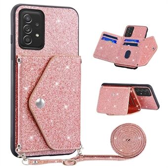 Voor Samsung Galaxy A52 4G / 5G / A52s 5G Kaarthouder Kickstand Telefoon Cover Glitter Leather Coated TPU Case