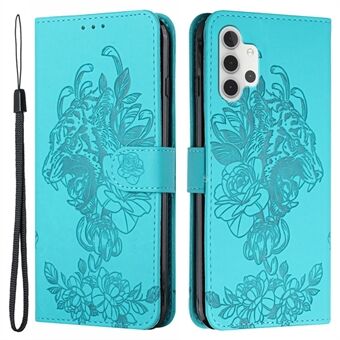 Opdruk Tiger Head Flower Leather Wallet Stand Phone Case voor Samsung Galaxy A32 4G (EU-versie)